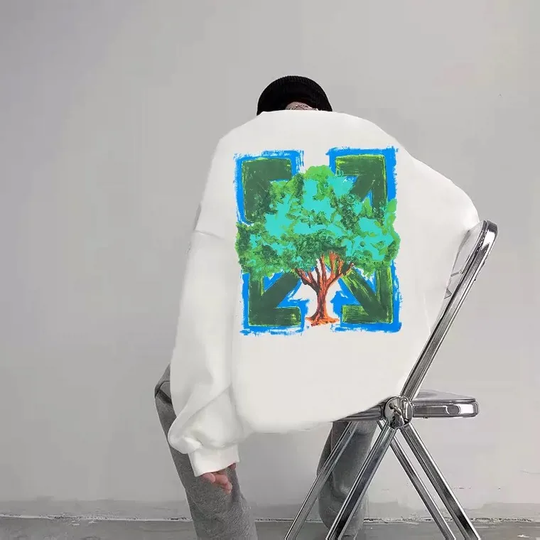 ♻️💯Upper body reference model picture❤️22SS top tested version environmentally friendly series OFFWHITE OW world environmentally friendly green tree graffiti pure cotton loose unisex round neck sweatshirt I won’t introduce the other ones here, just get to the point. This printed tree is different from the short-sleeved ones. The leaf shape part of the printing is replaced by embroidery. This cannot be seen from the picture level (you will definitely make a mistake when you look at the picture). Many versions on the market directly look at the picture and make the pattern, without worrying about this detail.  The fabric is made of 480g fish scale terry cotton fabric, and the hem is slit. This is the key detail.  The white front chest is the new slogan of the trumpet, and the back is also different. They are all framed by the classic and iconic large warning arrows. The black arrows are lake green, with a few white water-like patterns added; the white ones are sky blue arrows, with a big tree inside with branches and leaves filling the entire pattern. Both pieces are interpretations of traditional retro hand-painted graffiti painting techniques, which fully embody the natural and environmentally friendly atmosphere.  Color: White Size: XS-L P:370